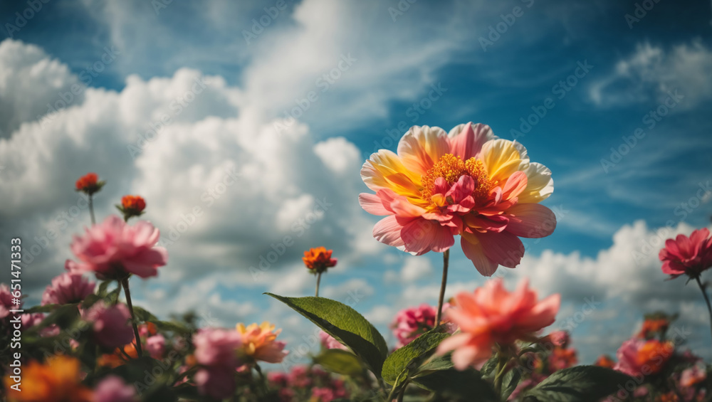 Beautiful colorful flowers with blue sky and clouds background, Idyllic Meadow. ai generative Beautiful colorful flowers with blue sky and clouds background, Idyllic Meadow. ai generative