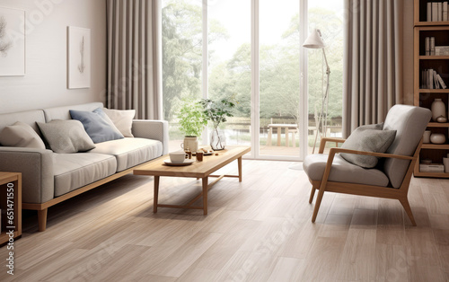 Living room with relaxing and cozy atmosphere. The delicate wood grain texture and soft tones provide a comfortable and pleasant feeling. Generative AI