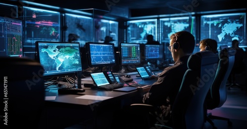cyber intelligence officers in an elite security room, exploring the dark web photo
