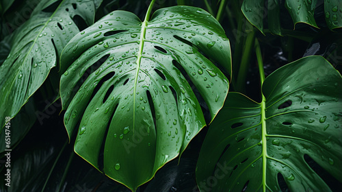 Wet Monstered delicious plant leaves in a garden