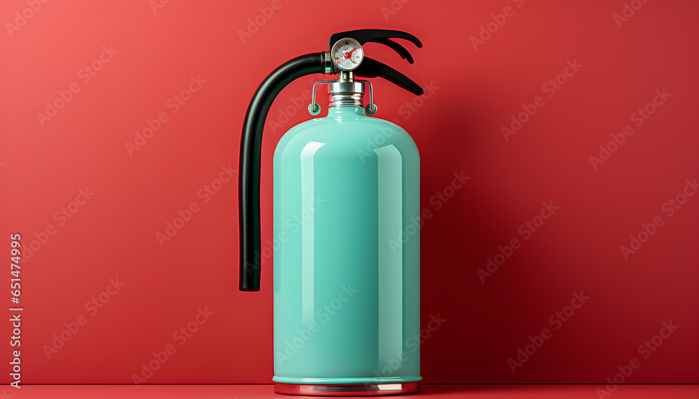 Obraz premium Creative photo of fire extinguisher painted pastel green in front of red wall.