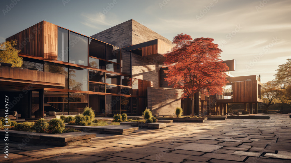modern brick building with warm sunlight created with Generative AI technology