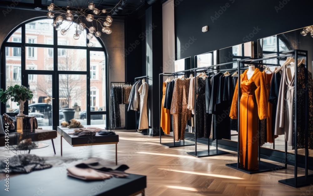 Fashion clothes in a trendy luxury boutique store, blurred background. Generative AI Fashion clothes in a trendy luxury boutique store, blurred background. Generative AI