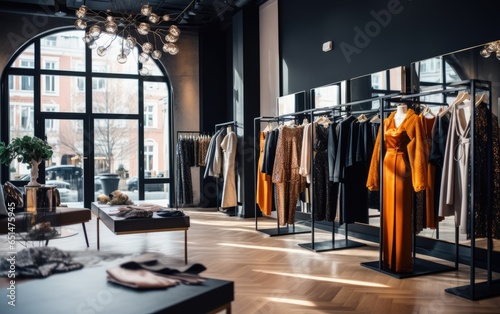 Fashion clothes in a trendy luxury boutique store, blurred background. Generative AI