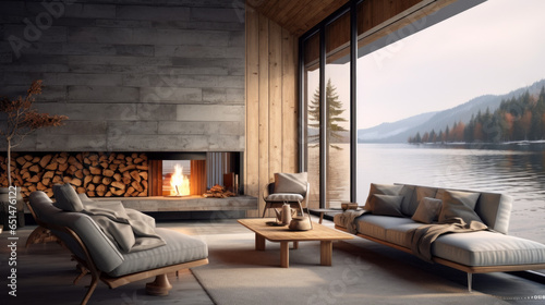 Nordic Lakeside Cabin Retreat: Inspired by lakeside cabins, this room features wooden paneling, a stone fireplace, and cozy seating with serene lake views © Textures & Patterns