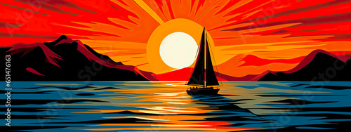 Boat sailing on the ocean or a lake at sunset. Colorful art design with thick black outlining and strong colors. Logo or banner use.