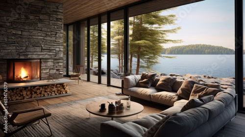Nordic Lakeside Cottage Lounge Inspired by lakeside cottages, with wooden paneling, a stone fireplace, and comfortable seating offering tranquil lake views © Textures & Patterns