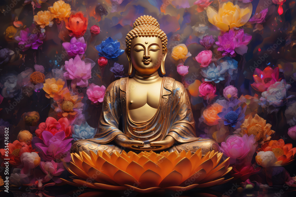 glowing golden buddha and 3d multicolored lotus flowers three-dimensional painting background