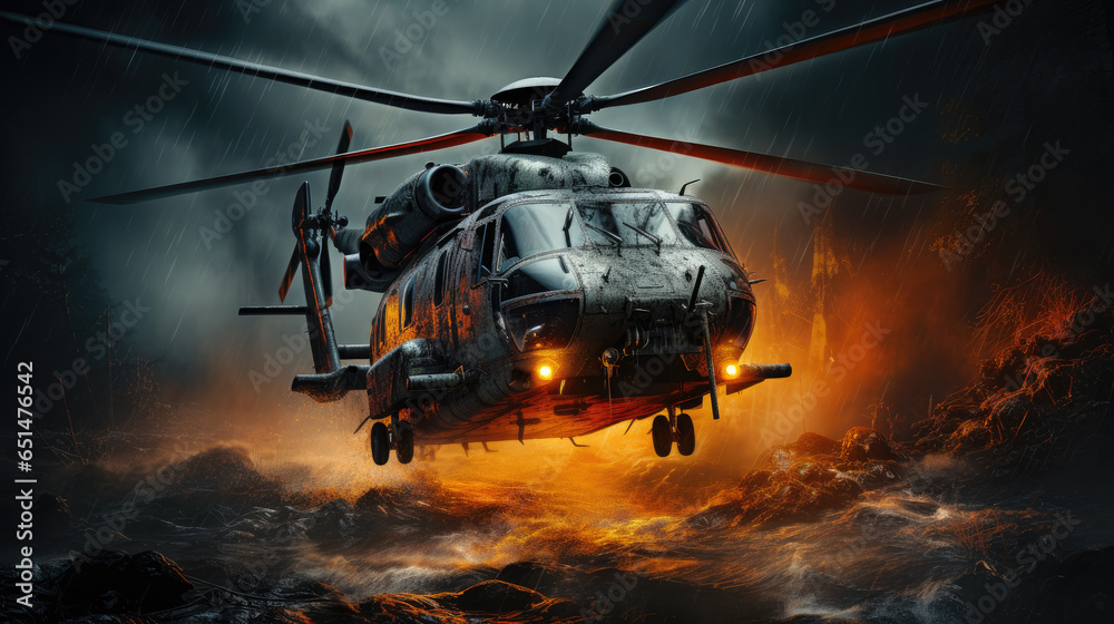 helicopter in flight at war scene created with Generative AI technology helicopter in flight at war scene created with Generative AI technology