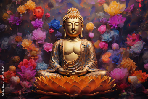glowing golden buddha and 3d multicolored lotus flowers three-dimensional painting background © Kien
