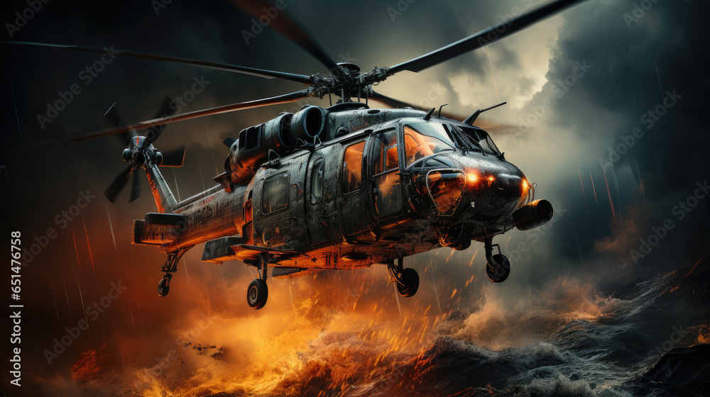 helicopter in flight at war scene created with Generative AI technology helicopter in flight at war scene created with Generative AI technology