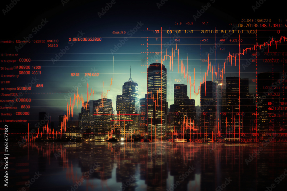 stock market indices against the backdrop of the city. generative ai. growth and decline in the stock market. economic crisis.