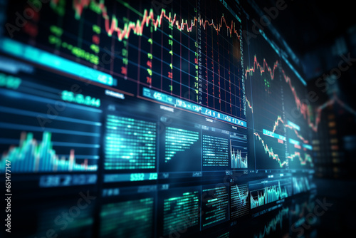 stock market indices against the backdrop of the city. generative ai. growth and decline in the stock market. economic crisis.