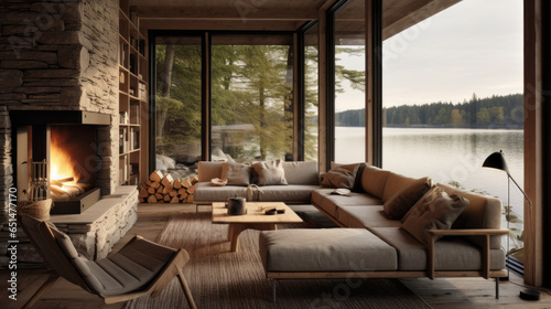 Nordic Lakeside Cottage Lounge Inspired by lakeside cottages, with wooden paneling, a stone fireplace, and comfortable seating with lake views  © Textures & Patterns
