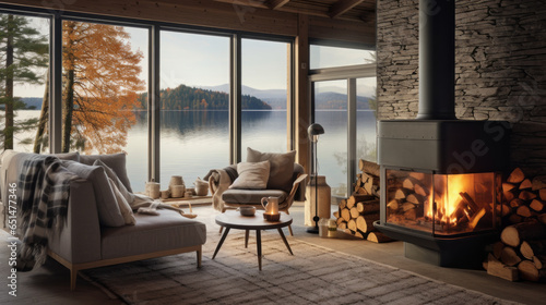 Nordic Lakeside Cottage Lounge Inspired by lakeside cottages, it features wooden paneling, a stone fireplace, and plush seating with serene views of the lake © Textures & Patterns