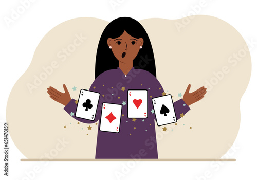 Woman holding playing cards cards. Playing combination of 4 aces or four of a kind.