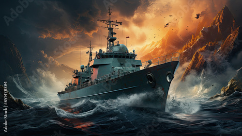 warship in a storm created with Generative AI technology