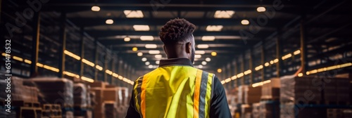 Worker in a yellow safety vest, warehouse space, close-up photo