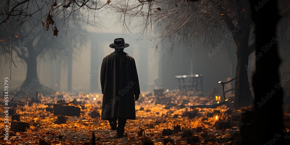 A man in a gray coat and hat walks in a magical garden an autumn park with barren trees Fog loneliness and mist surround him