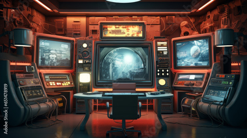 Retro Sci-Fi Media Room A nostalgic space inspired by retro science fiction, featuring vintage sci-fi movie posters, futuristic decor, and retro technology © Textures & Patterns