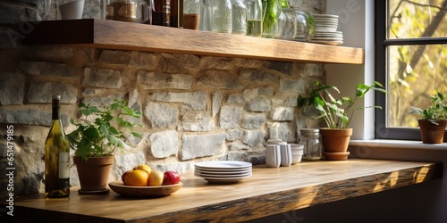 Cozy kitchen interior with quartz bar countertop and wooden shelves near window © Svitlana