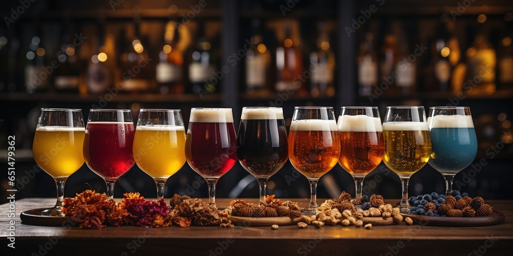 Glasses with different sorts of craft beer on wooden bar