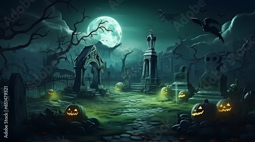Night spooky mysterious halloween cemetery with halloween evil pumpkins and full moon.