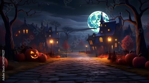 Halloween background with castle, pumpkins and moon - 3d render © mandu77