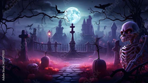 Spooky scary dark Night cemetery with skeleton. Halloween pumpkins in the forest at night. Holiday event halloween banner background concept.	 photo