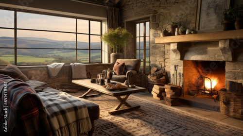 Rural Tranquility Overlooking rolling hills, this room features a plaid sofa, a farmhouse-style wooden coffee table, and a stone fireplace Handwoven baskets and antique farming tools decorate the wall