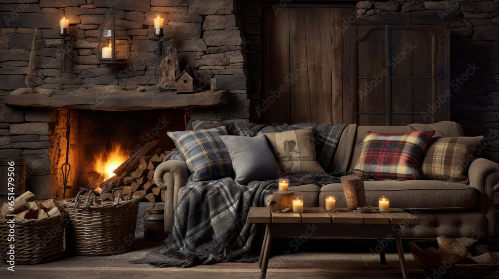 Rustic Comfort A cozy space features a plaid sofa, a wooden coffee table with visible grain, and a stone fireplace Antique lamps and woven throw blankets add rustic charm Rustic Comfort A cozy space features a plaid sofa, a wooden coffee table with visible grain, and a stone fireplace Antique lamps and woven throw blankets add rustic charm