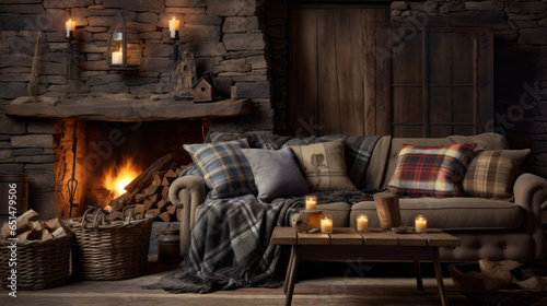 Rustic Comfort A cozy space features a plaid sofa, a wooden coffee table with visible grain, and a stone fireplace Antique lamps and woven throw blankets add rustic charm © Textures & Patterns