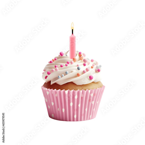 Delicious Cupcake with Candle Isolated on Transparent Background