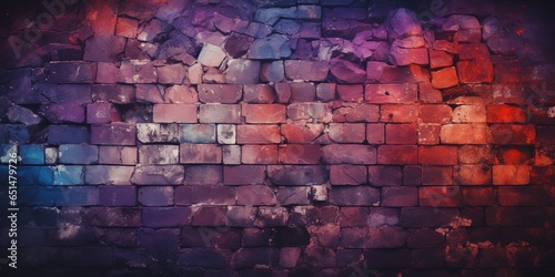Magenta purple red brown green old brick wall. Toned colorful grunge background. Space. Design. Cracked, broken, crumbled. Color gradient