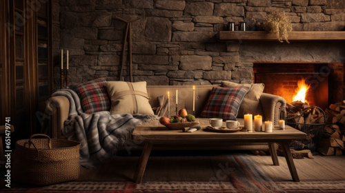 Rustic Comfort This cozy living room features a plaid sofa, a wooden coffee table with visible grain, and a stone fireplace Antique lamps and woven throw blankets add to the rustic charm photo