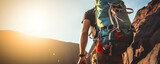 Climber near the mountain top, beautiful landscape in the sun - The Climbing Sports Series