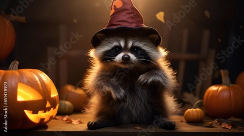 Fototapeta Naklejka Na Ścianę i Meble -  Cute Racoon dressed as a witch with pumpkins