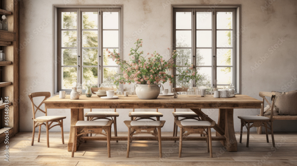 Rustic Farmhouse Dining Room A farmhouse-style dining room with a long wooden table, ladder-back chairs, and fresh flowers