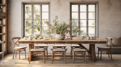 Rustic Farmhouse Dining Room A farmhouse-style dining room with a long wooden table  ladder-back chairs  and fresh flowers