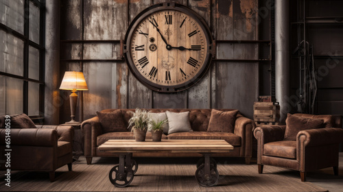 Rustic Industrial Mix Reclaimed wood, metal accents, and leather seating coalesce in this rustic-industrial living room An oversized clock on the wall adds a focal point 