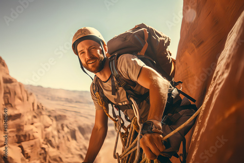 Climber near the mountain top, beautiful landscape in the sun - The Climbing Sports Series