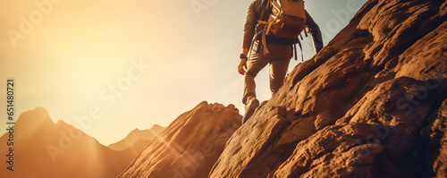 Climber near the mountain top  beautiful landscape in the sun - The Climbing Sports Series