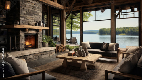 Rustic Lakeside Cabin Lounge Inspired by rustic lakeside cabins, featuring wooden beams, a stone fireplace, and cozy seating with lake views  © Textures & Patterns