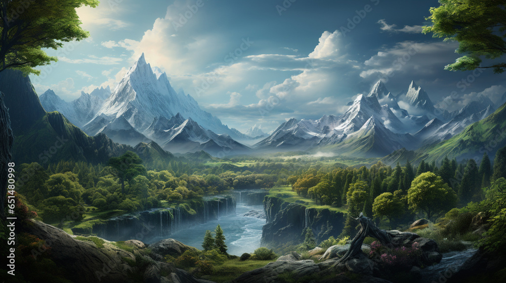 Game-Inspired Landscape: Lush Forests, Towering Mountains, and Vibrant Sky