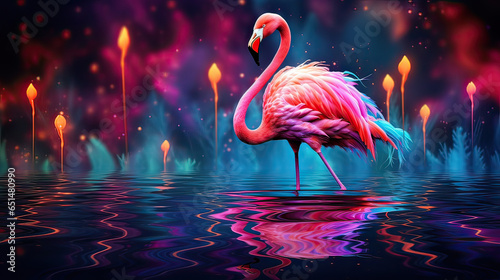 Flamingo dancing on waters with ripples of neon lights. AI generative