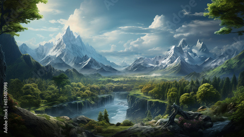 Game-Inspired Landscape: Lush Forests, Towering Mountains, and Vibrant Sky