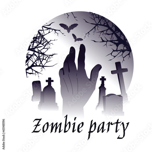 the creepy hand of a corpse from a grave in a night cemetery. Halloween postcard, poster, postcard. Gradient style. Vector illustration
