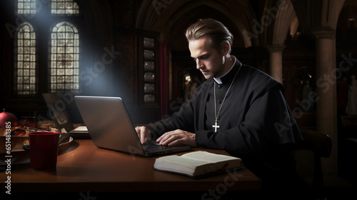 A clergyman working on his computer. Generative AI.