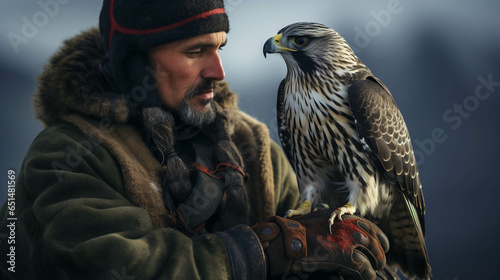 Closeup portrait of a falconer with an eagle. Generative AI. photo