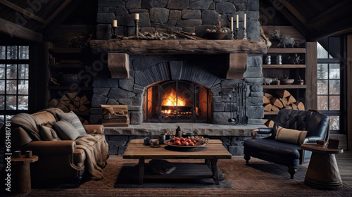 Rustic Mountain Cabin Reminiscent of a mountain cabin with log furniture, plaid upholstery, and a stone fireplace Antler decor adds to the rustic charm